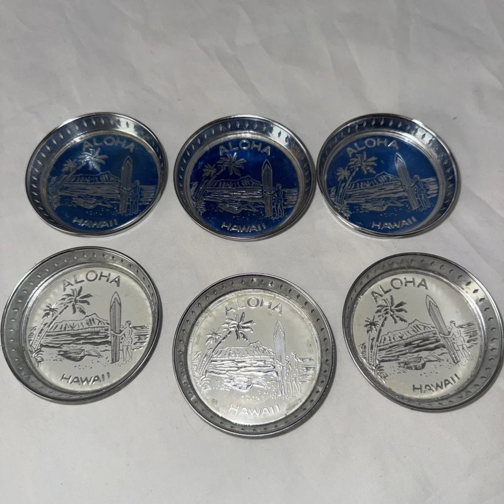 Vintage Hawaii Aloha Tin Metal Coasters Surfer Tiki Bar Man‎ Cave 3
